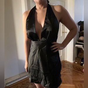 Zara plunging neckline backless black satin dress